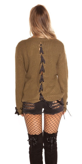 Trendy chunky knit jumper with lacing Khaki
